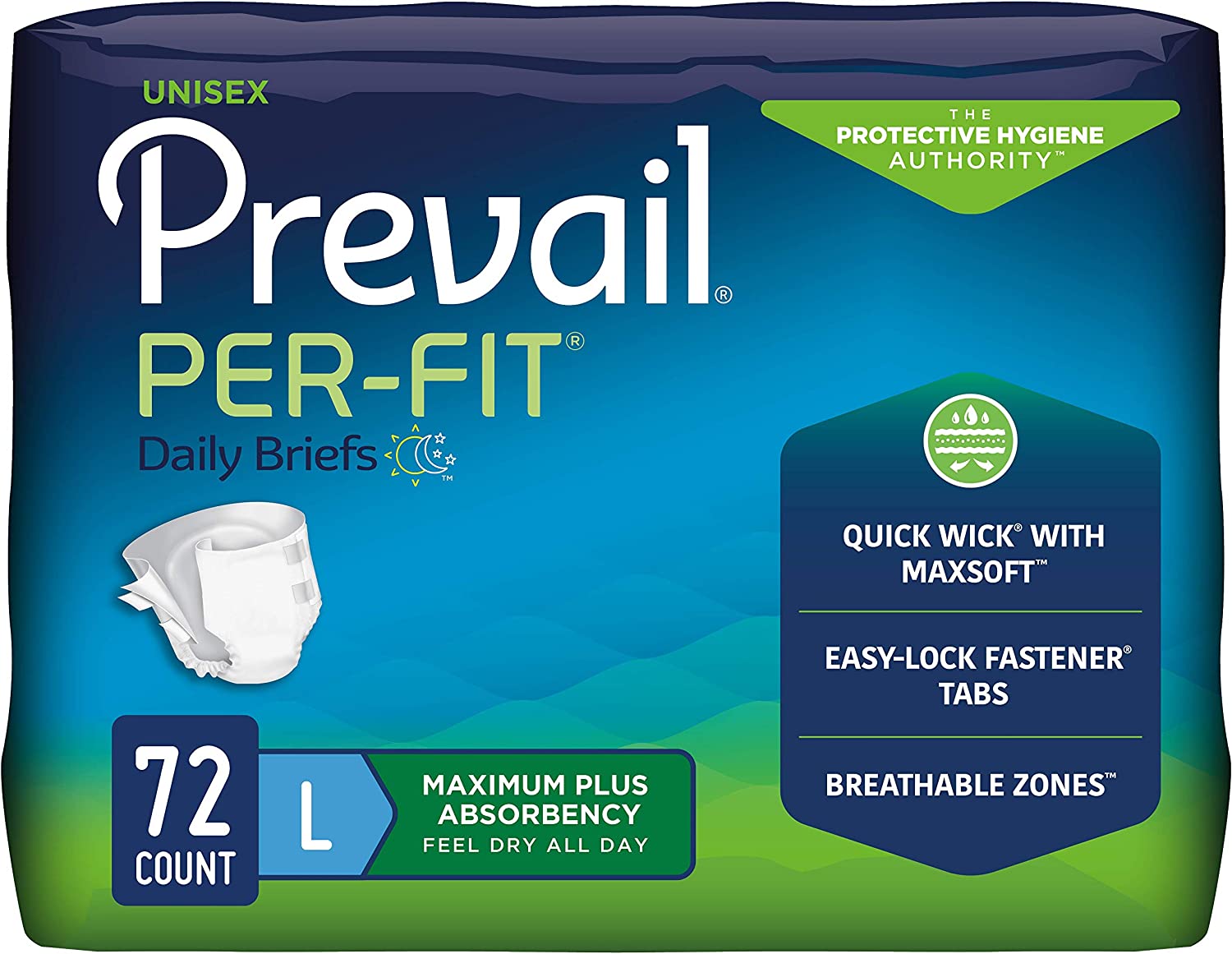 Prevail Proven | Large Per-Fit Incontinence Briefs with Tabs | Unisex | Maximum Plus Absorbency | Large, 18 Count (Pack of 4)