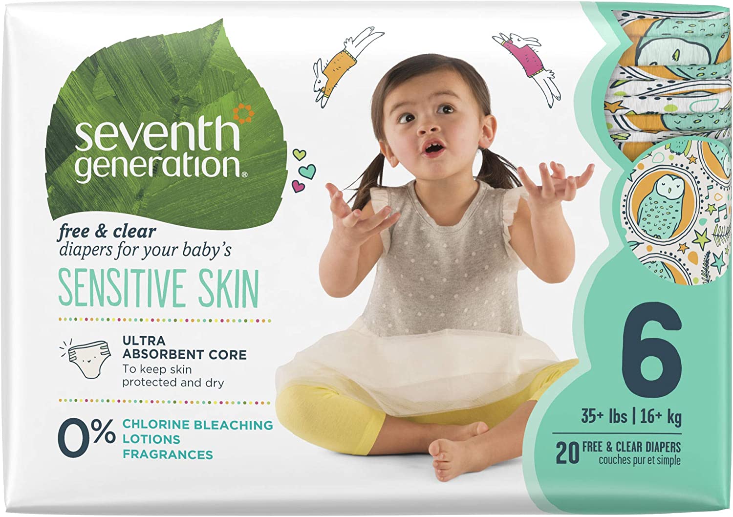 Seventh Generation Baby Diapers for Sensitive Skin, Animal Prints, Size 6, 20 Count