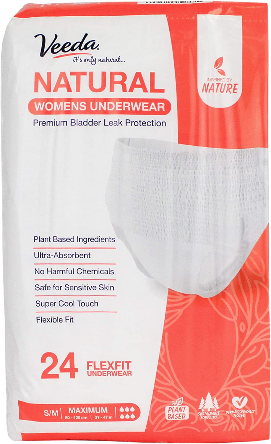 Veeda Natural Premium Incontinence Underwear for Women, for Bladder Leakage Protection, Maximum Absorbency, Small/Medium Size, 24 Count (Pack of 1)