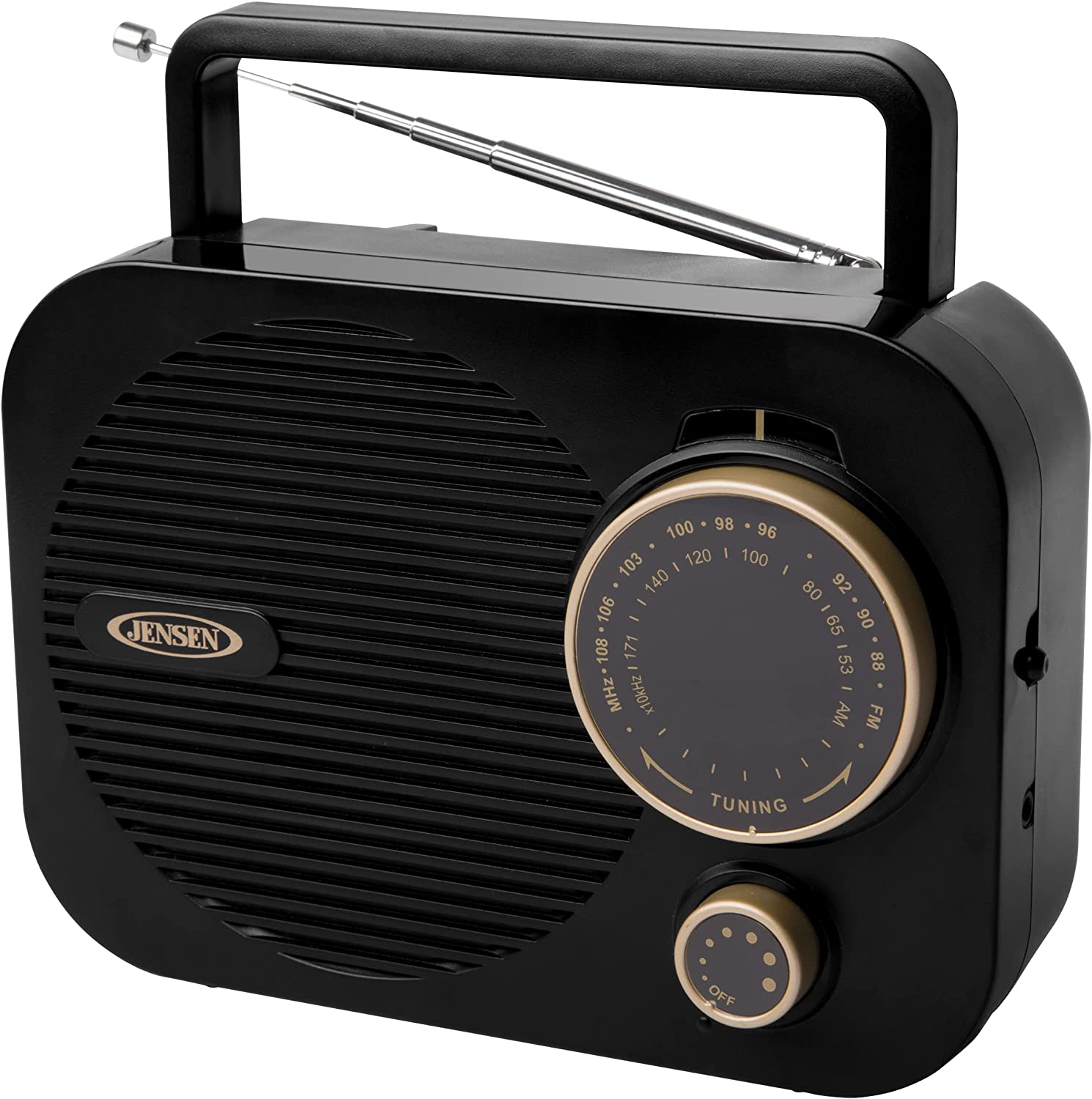 Jensen MR-550 Gold Modern Portable AM/FM Radio, Vintage Retro Rotary Dial with Built in Speakers + Aux Line-in, Power Plug or 4 x ‘C’ Batteries – (Limited Edition)