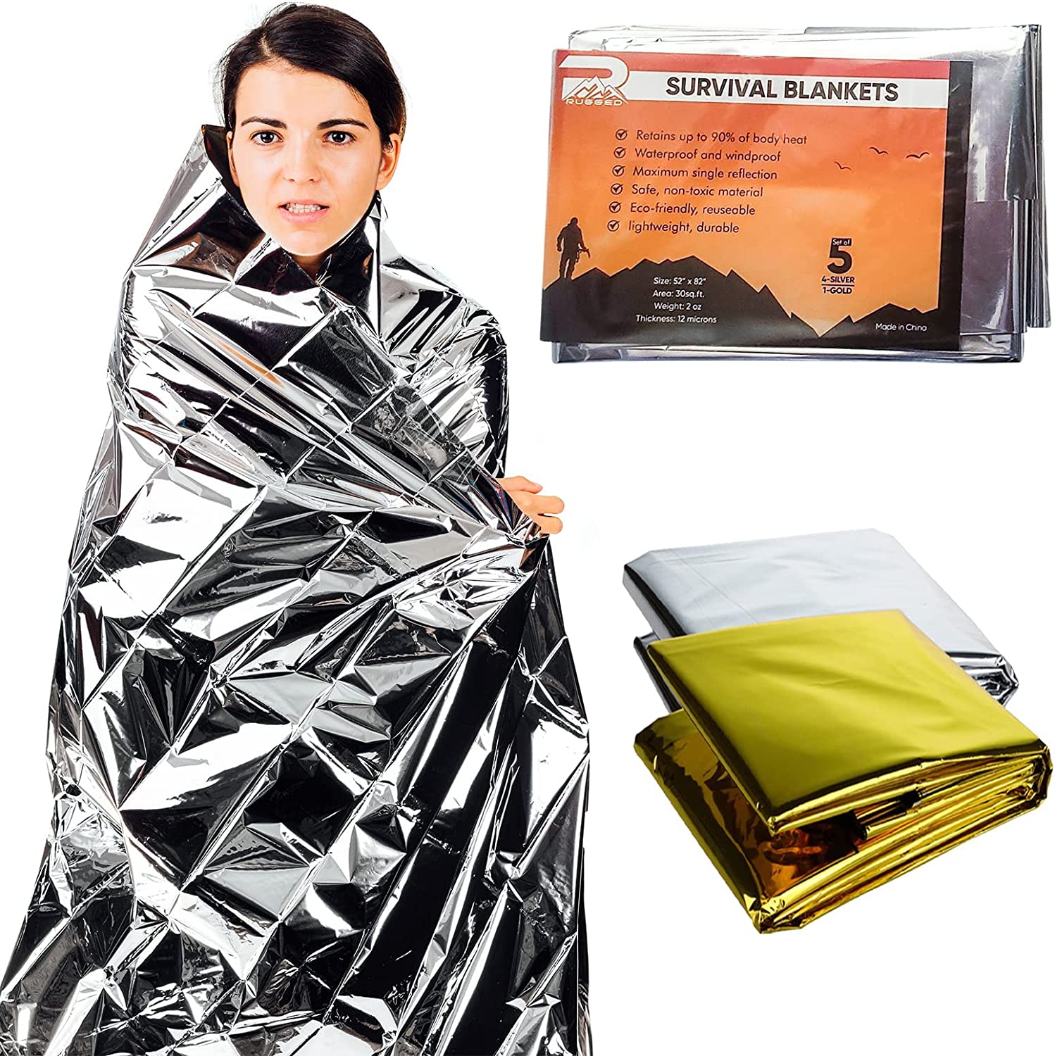 Rainier Rugged Survival Blankets – Waterproof & Windproof Emergency Cover, Reflective Exterior – Helps Retain Body Heat – 12 Microns, Compact & Lightweight – 5-Pack, 4 Silver, 1 Gold – 52×82”, 2oz