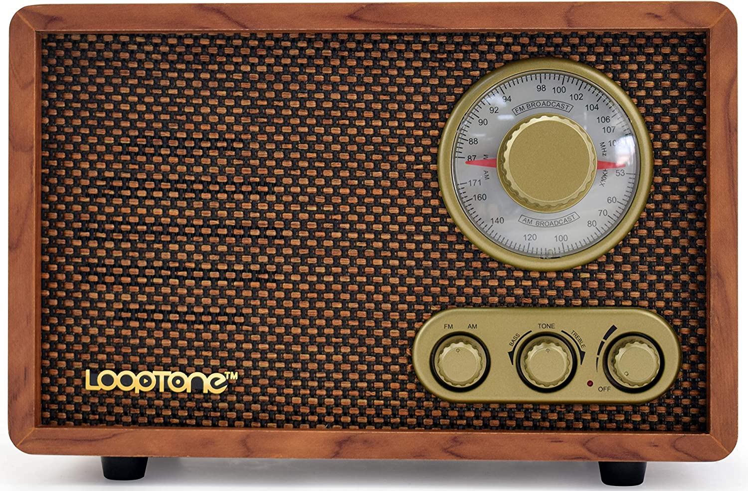 LoopTone AM FM Classic Retro Radio with Bluetooth Speaker,Vintage Wood Table Radio with Treble Bass Control for Kitchen Living Room with Rotary Knob