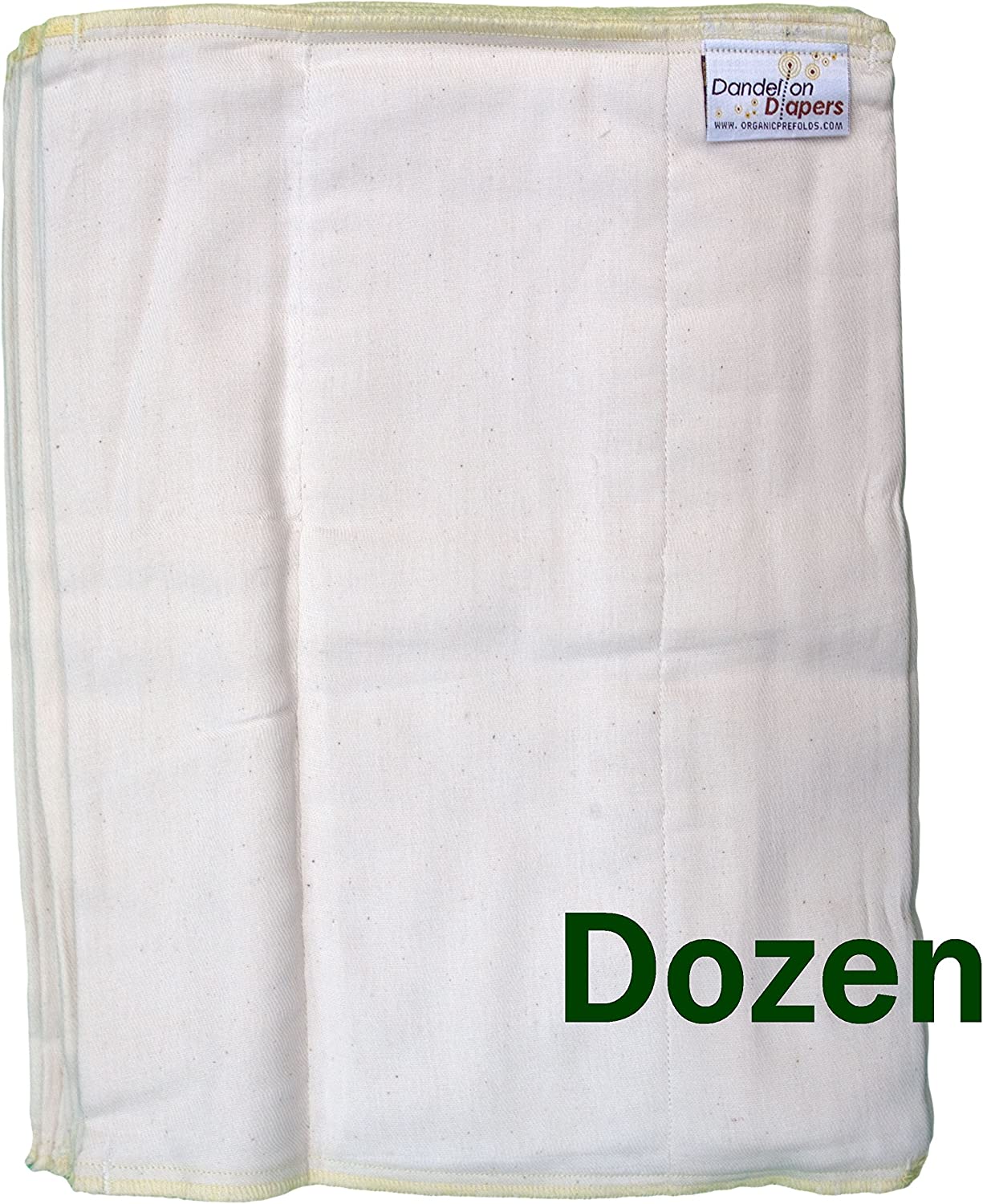 Dandelion Diapers 100% Organic Cotton Natural Unbleached DSQ Cloth Diaper Prefolds (Infant Size 2-12 Pack)