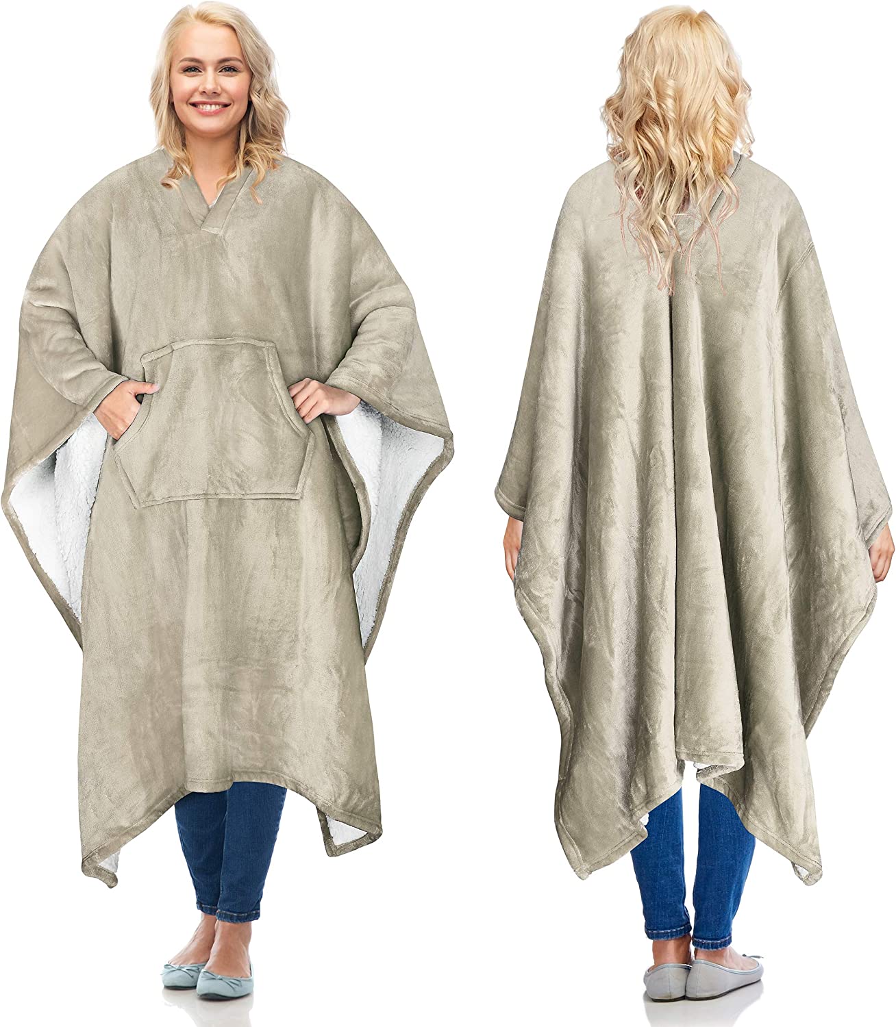 Catalonia Sherpa Wearable Blanket Poncho for Adult Women Men, Wrap Blanket Cape with Pocket, Warm, Soft, Cozy, Snuggly, Comfort Gift, No Sleeves, Camel