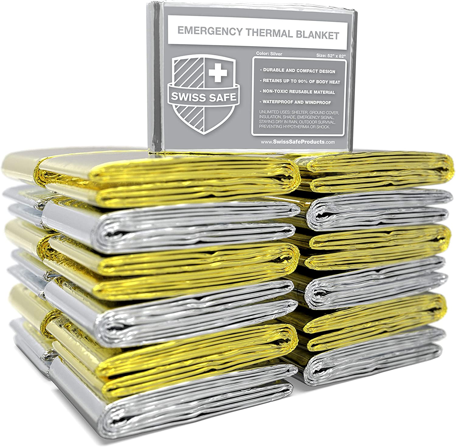 Swiss Safe Emergency Mylar Thermal Blankets (Bulk 30-Pack) – Designed for NASA, Outdoors, Hiking, Survival, Marathons or First Aid (Silver/Gold)