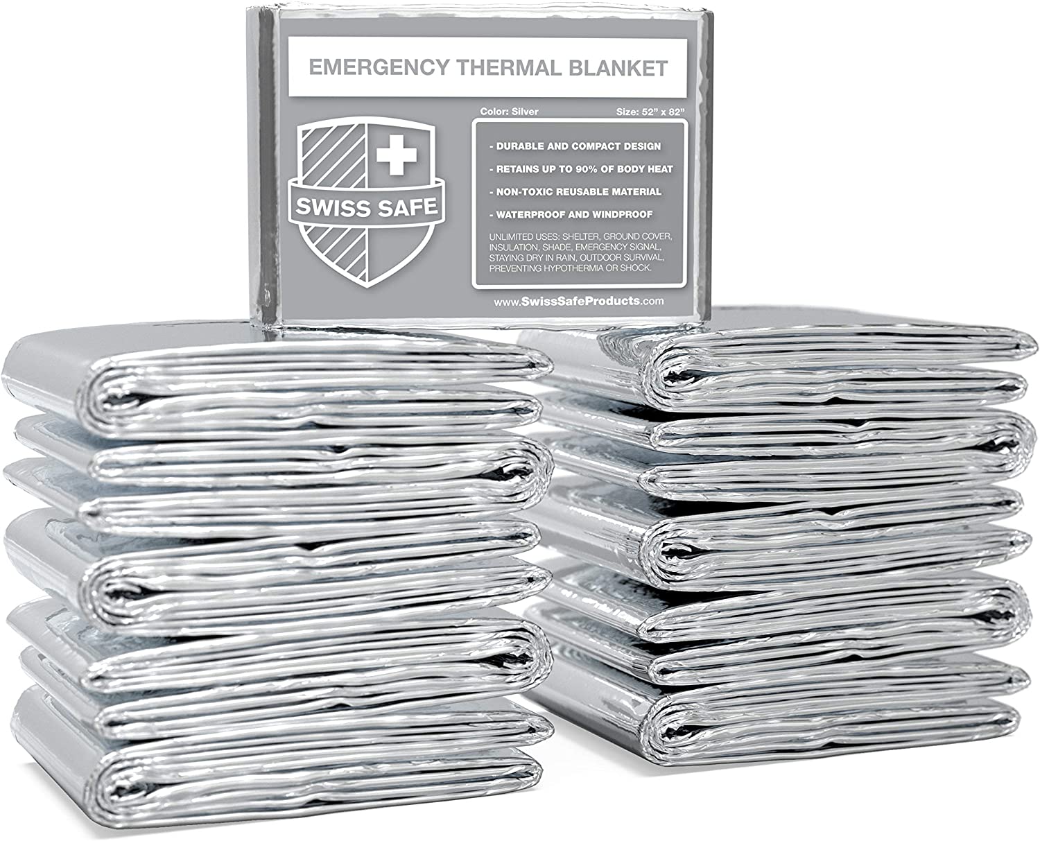Swiss Safe Emergency Mylar Thermal Blankets, Designed for NASA, Outdoors, Survival, First Aid, Silver, 75 Pack