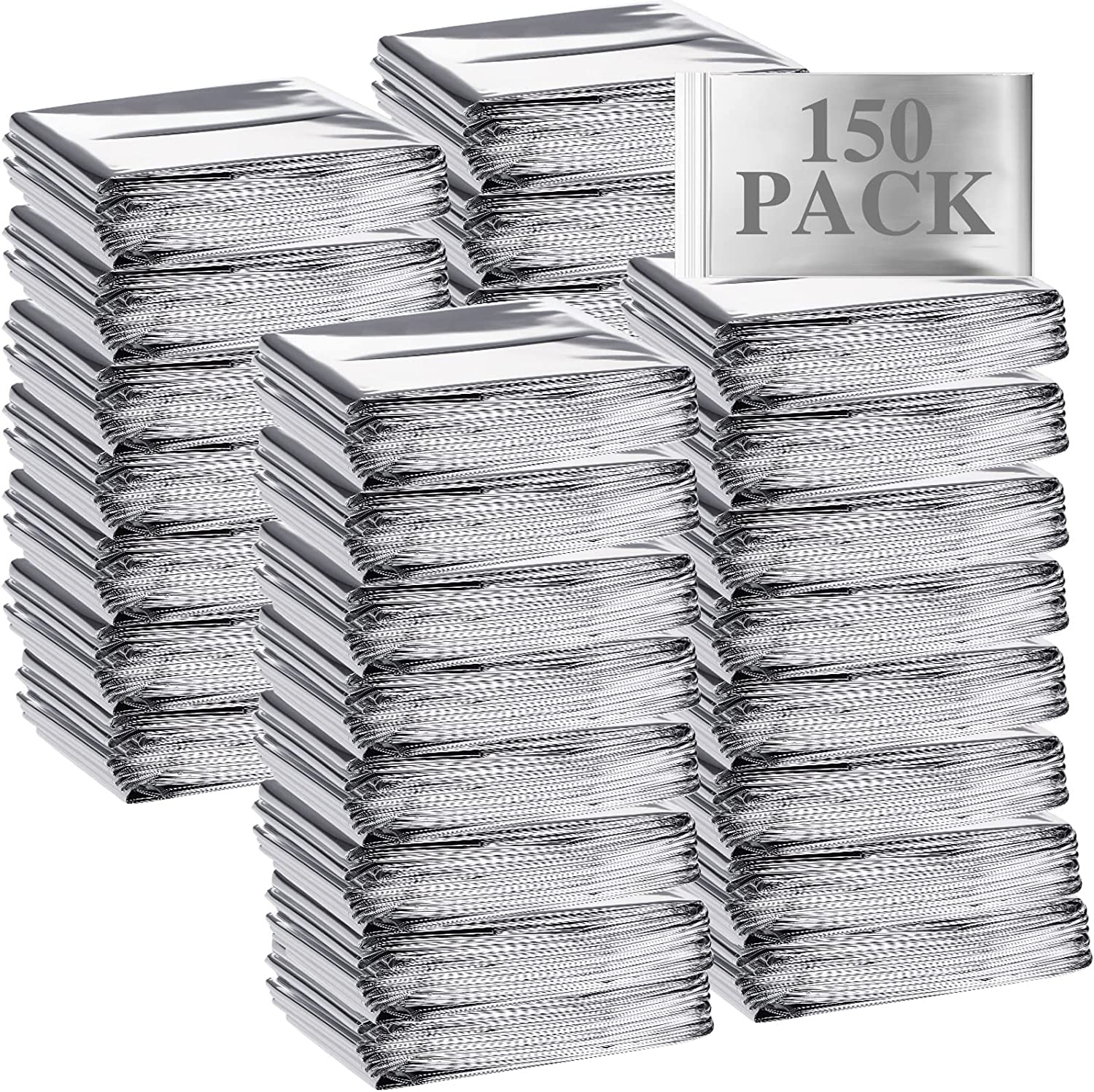 Emergency Blanket Bulk Mylar Survival Thermal Blankets Pack Silver Foil Reflective Blankets for Cold Outdoors Camping Hiking First Aid Shelter Space Emergency Supplies Blanket Set (150 Pieces)