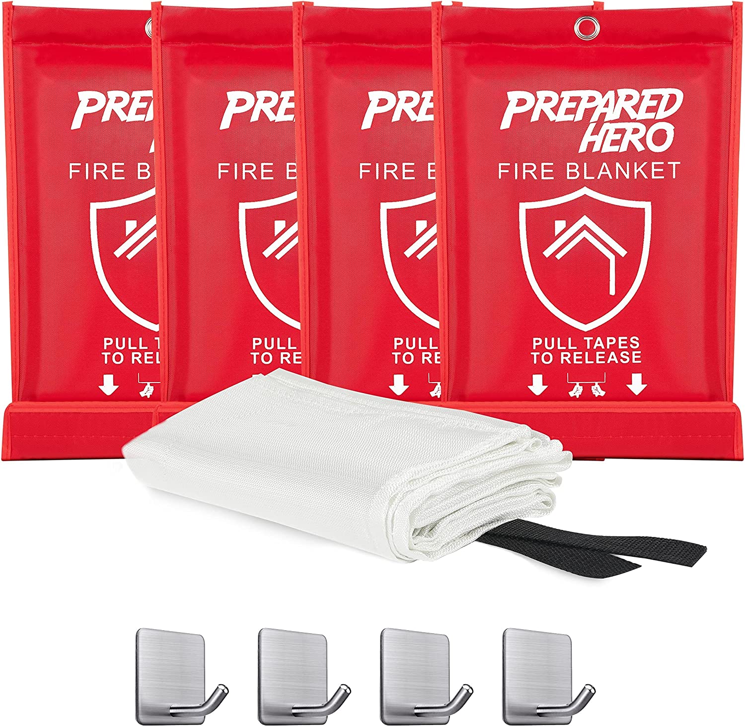 Prepared Hero Emergency Fire Blanket – 4 Pack + 4 Hooks- Fire Suppression Blanket for Kitchen, 40” x 40” Fire Blanket for Home, Fiberglass Fire Blanket