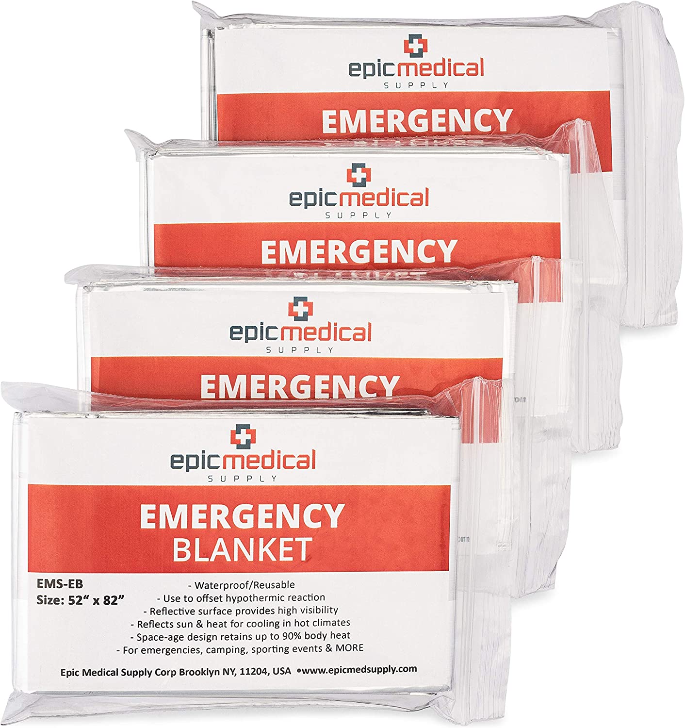 Epic Medical Supply Emergency Mylar Thermal Blankets 4-Pack Great for Survival, Outdoors, Hiking, Marathons, First Aid Kits