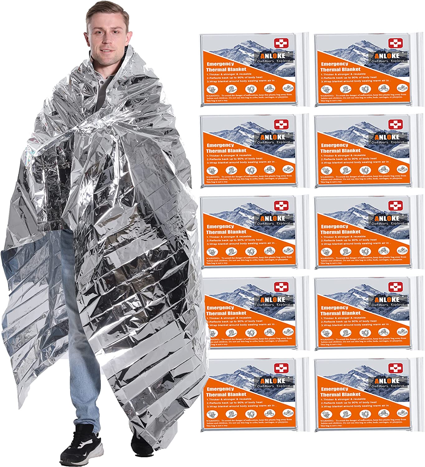 Emergency Blankets Mylar Thermal Blanket,(10 Pack) of Gigantic Space Blanket 82*64 in. Survival Blankets Heavy Duty Camping Gear ,First Aid