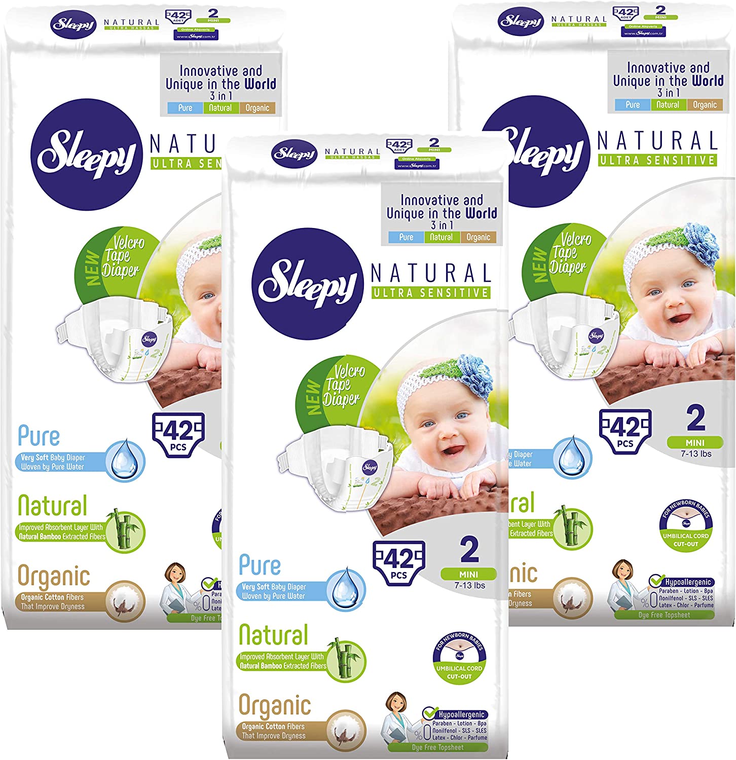 Sleepy Natural Diapers Size 2 – Organic Diapers Highly Absorbent and Hypoallergenic Bamboo Baby Diaper for Girls and Boys – Disposable Diapers 126 Count – Size 2 Diapers, Child Weight 7-13 lbs