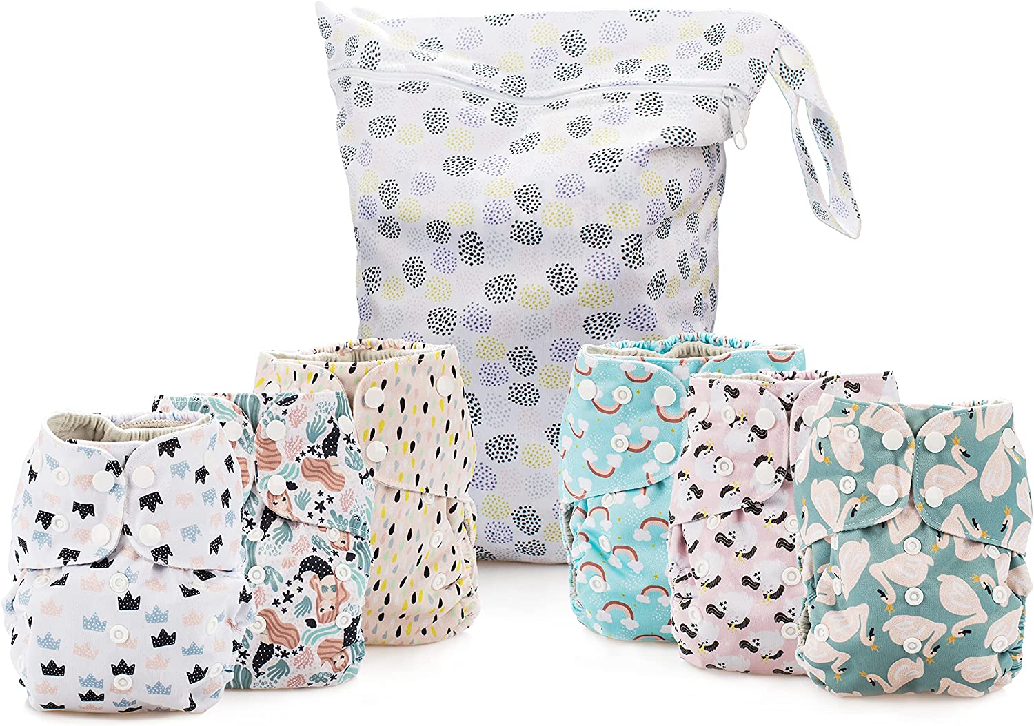 Simple Being Reusable Cloth Diapers- Double Gusset, One Size Adjustable, Washable Soft Absorbent, Waterproof Cover, Eco-Friendly Unisex Baby Girl Boy, six 4-Layers Microfiber Inserts (Whimsical)