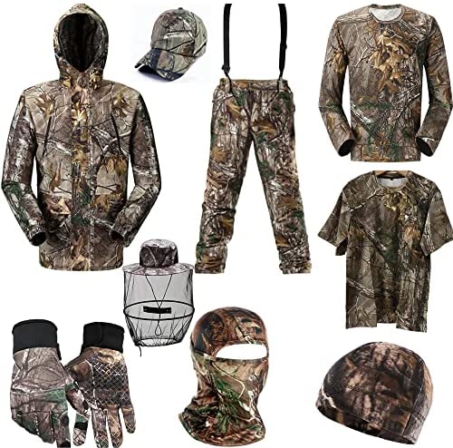 LLAIKEPH Spring Hunting Suits Camo Jacket Pant Bibs Water Resistance for Men Women Camping Fishing Tshirts 9 Items