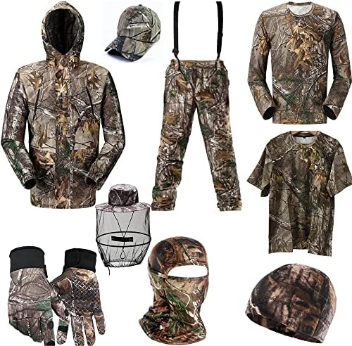 LLAIKEPH Spring Hunting Suits Camo Jacket Pant Bibs Water Resistance for Men Women Camping Fishing Tshirts 9 Items