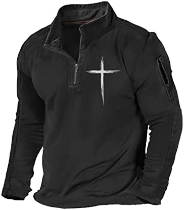 H HYFOL Men’s Cross Graphic Pocket Pullover 1/4 Zip Stand Collar Long Sleeve Sweatshirts