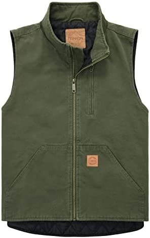 FEINION Men’s Quilted Lined Vest Zip-up Work Vest Casual Washed Cotton Outwear Sleeveless Jacket