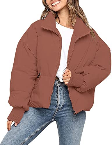MEROKEETY Women’s Winter Long Sleeve Zip Puffer Jacket Pockets Baggy Short Down Coats