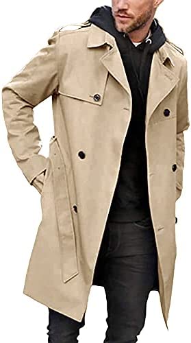 Gafeng Men’s Trench Coat Slim fit Double Breasted Belted Windbreaker Lapel Long Jacket Casual Windproof Overcoat