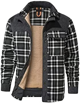 Men’s Flannel Jacket Cotton Plaid Fleece Hoodies Coat Button Down Windproof and Warm Winter Outdoor Casual Long Sleeve Shirts