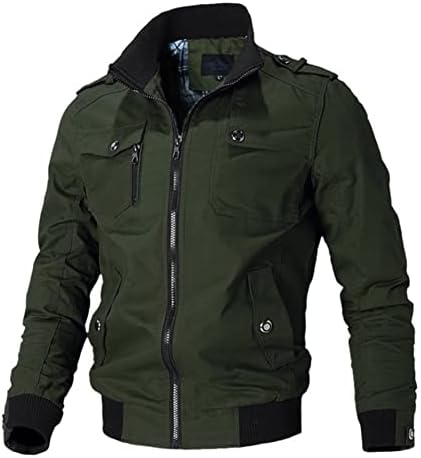 Men’s Casual Military Jacket Polyester Cotton Bomber Jacket Stand Collar Cargo Jackets Coats with Shoulder Straps