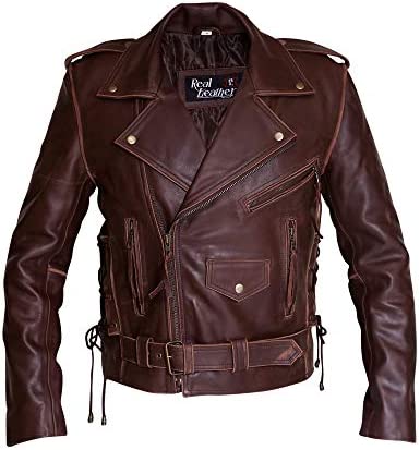 RSH LeatherCraft Mens Brando Brown Biker Retro Vintage Cowhide Motorcycle Jacket