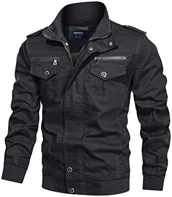 Anzerll Men’s Cotton Lightweight Jacket Military Stand Collar Coat Casual Full Zipper Multi Pocket Windbreaker