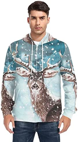 ALAZA Deer Watercolor Winter Snow Christmas Men’s Full-Zip Fleece Hoodie