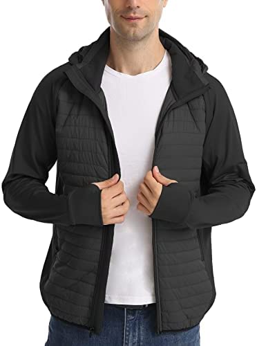 Amoy Men’s Lightweight Running Jacket Water Resistant Windproof Hybrid Warm Coat Hooded Hiking outdoor Jacket Packable
