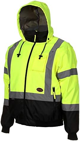 Pioneer High Vis Safety Bomber Jacket for Rain, Waterproof, Reflective, Detachable Hood, For Men, Yellow/Black, V1130460U