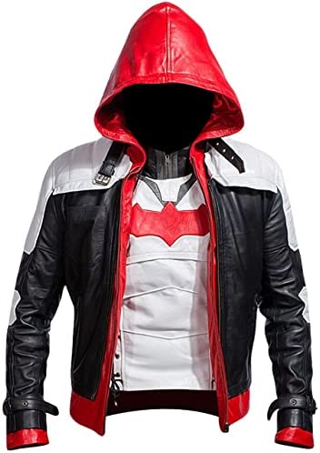 THE CUSTOM JACKETS Arkham Knight Batman Replica Style Red Hood Men’s Faux Leather Jacket + Vest