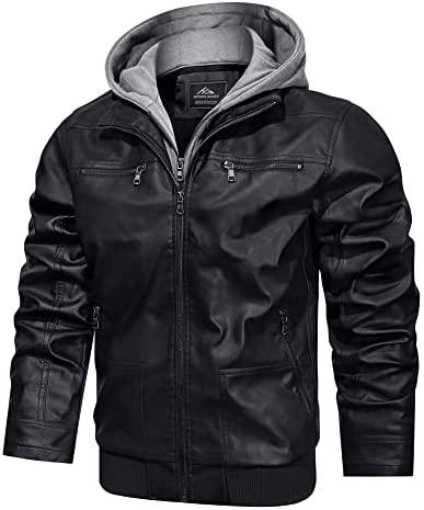 HJWWIN Mens Faux Leather Motorcycle Jacket Vintage Biker Bomber Jacket Zip Up with Removable Hood