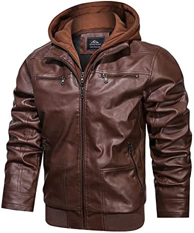 HJWWIN Mens Faux Leather Motorcycle Jacket Vintage Biker Bomber Jacket Zip Up with Removable Hood