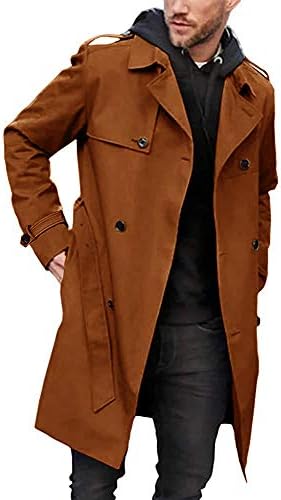 Gafeng Men’s Trench Coat Slim fit Double Breasted Belted Windbreaker Lapel Long Jacket Casual Windproof Overcoat