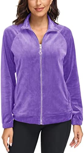 MAGCOMSEN Women’s Velour Jackets Full Zip Up Fleece Jacket With Zipper Pockets Long Sleeve Soft Athletic Winter Jackets