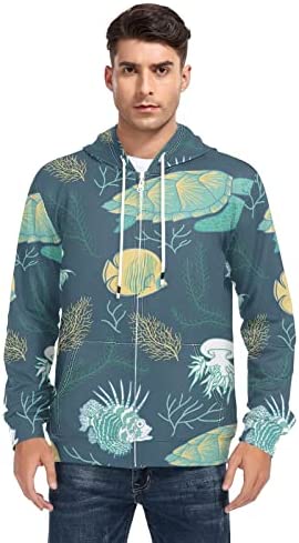 ALAZA Men’s Fire Fish Turtle Jellyfish and Corals Ocean Animals Zip Up Hoodie Fleece Jackets