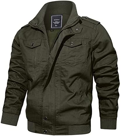 HIJEWE Men’s Military Jacket Casual Cargo Jackets Lightweight Spring Falls Outwear Cotton Stand Collar Zipper Multi-Pocket