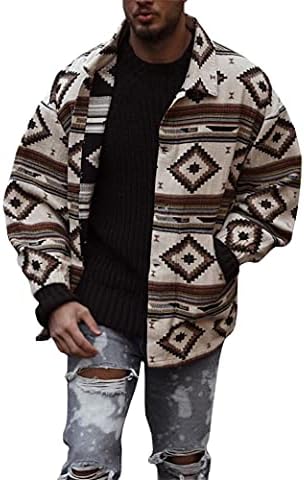 chouyatou Men’s Casual Tribal Aztec Pattern Button Down Long Sleeve Trucker Jacket Shacket Coat