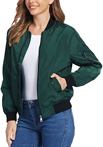 Parabler Women’s Bomber Jacket Casual Solid Coat Long Sleeve Zip Up Outerwear Windbreaker with Pockets