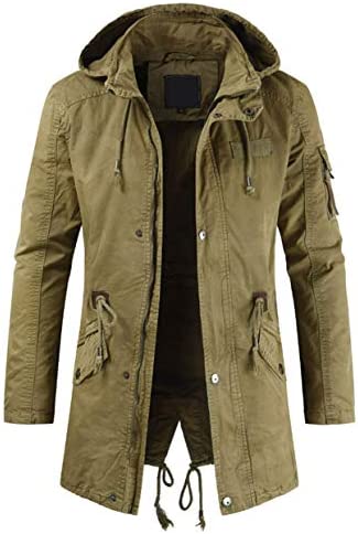 chouyatou Men’s Spring Military Full-Zip Removable Hooded Cotton Mid-Long Parka Jacket Coat