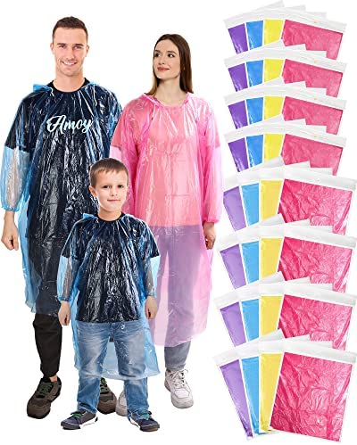 48 Pieces Family Rain Ponchos Disposable Trip Thick Emergency Rain Coat for Kids and Adults Camping Amusement Park (Multicolor)