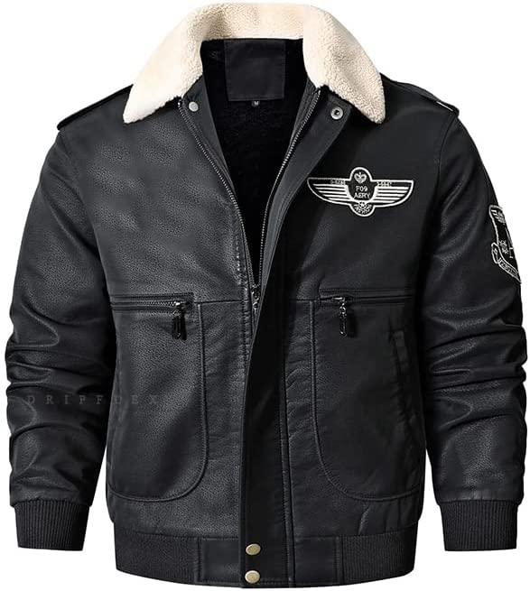 DRIPFLEX Cooper Flight Aviator ARMY F19 WWII Military G1 Bomber Leather Jacket with Detachable Fur Collar and Patchwork