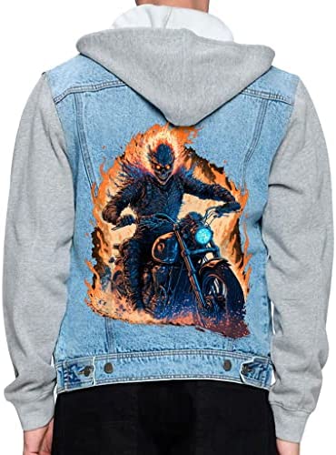 Biker Skull Men’s Denim Jacket – Printed Jacket With Fleece Hoodie – Cool Graphic Jacket for Men