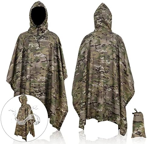 Blxsif Military Camo Hunting Poncho – Adjustable Hooded Waterproof Camouflage Rain Coat Army Style Multifunctional Poncho for Hunting Camping