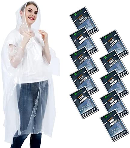 Disposable Rain Ponchos for Adults (10 Pack) or Kids (6 Pack) – 60% Extra Thicker Waterproof Emergency Rain Ponchos