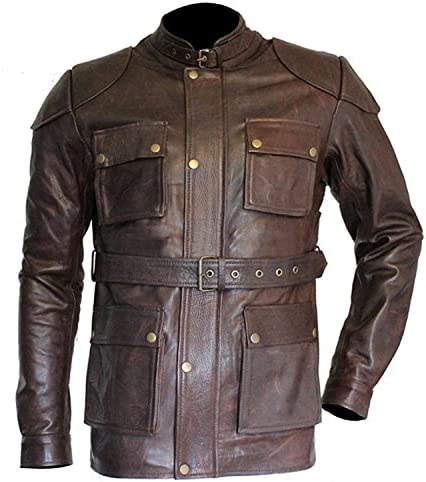 CHICAGO-FASHIONS Mens Benjamin Cusrious Belted German Brown Coat – Brad Button Military Leather Jacket for Men