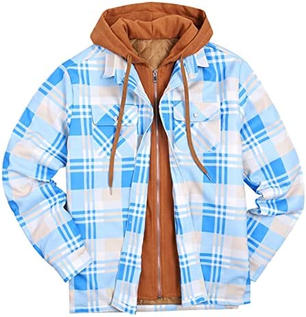 BISXOTY Winter Jackets for Men,2022 Fashion Down Quilted Lined Plaid Shirt Jackets Add Velvet Keep Warm Coat Outerwear