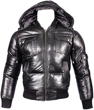 Infinity Men’s Detachable Hood Black Leather Puffa Bomber Jacket