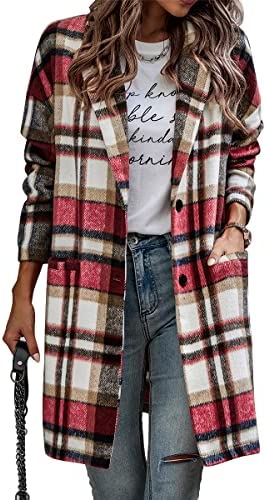 AUTOMET Women’s Plaid Shacket Jacket Casual Flannel Long Sleeve Jacket Button Up Lapel Wool Trench Fashion Coats