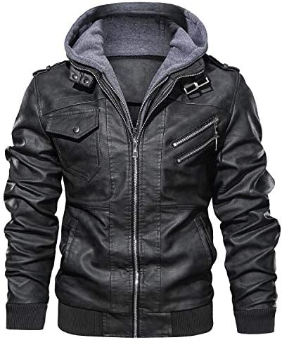 JYG Motorcycle Jacket for Men Casual Faux Leather Bomber Jacket with Removable Hood