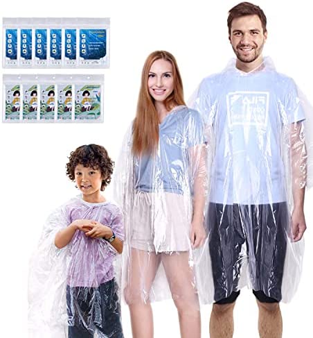 INNOCHEER Rain Ponchos Family Pack of 12, Disposable Emergency Raincoat for Kids and Adults Camping Hiking Outdoors